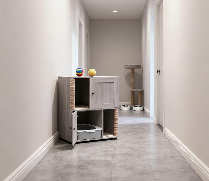 2 Tier Cat Washroom,Modern Farmhouse Double Cat Litter Box Enclosure Furniture,Hidden Cabinet with 2 Scratch Mats & Post, Multi-Functional End Side Table for 2 Cats, Odor-Control Wooden Washroom Cabin