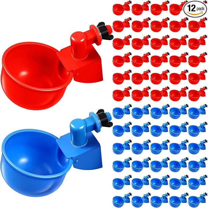 Tanlade 12 Pcs Automatic Chicken Waterer Cups Chicken Feeder for PVC Pipe Waterer Kit for Poultry Duck Goose Turkey Bunny (Red,Blue,Classic)