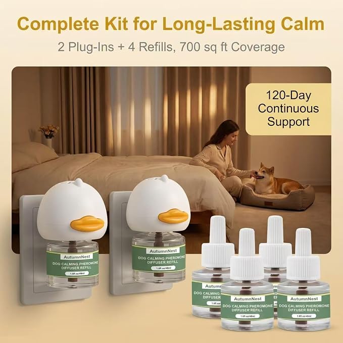 New Upgrade Dog Pheromone Calming Diffuser Kit, Calming Diffuser for Dog (2 Plug-Ins & 4 Refills) for Stress Support, Helps Reduce Barking & Aggression, 120-Day Supply (Non-Toxic, Safe & Inedible)