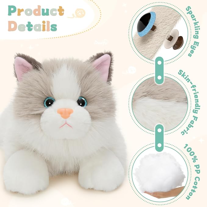 Tezituor Ragdoll Cat Stuffed Animals with Babies, 20 inch Large Realistic Stuffed Cat with 4 Cute Kittens, Soft White Ragdoll Cat Plush Pillow for Boys Girls
