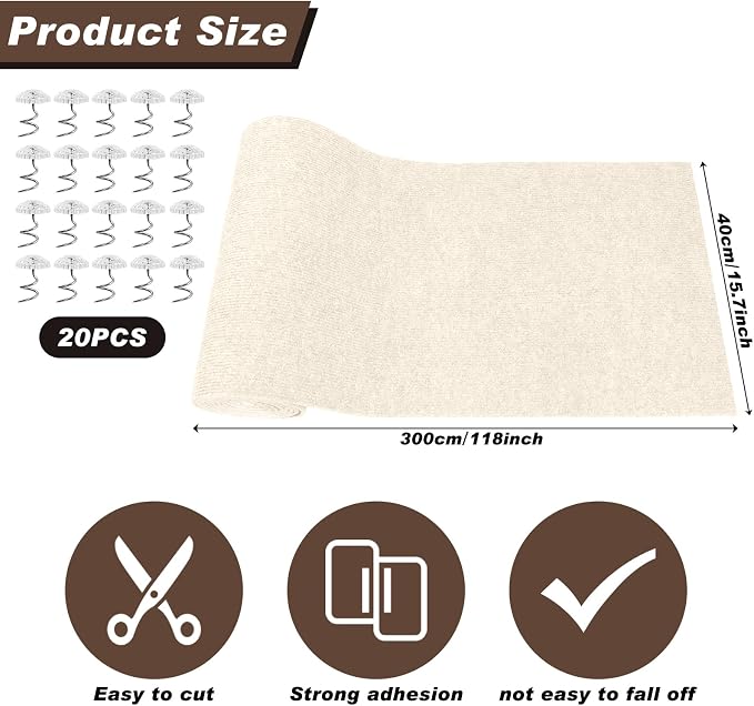 Cat Scratching Mat, 118" x 15.8" Self-Adhesive Trimmable Cat Scratching Carpet Mat with 20 Screws, DIY Cat Scratchers Furniture Protector for Indoor Cats, Couch, Wall and Cat Tree Shelves