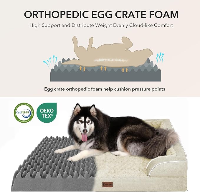 Orthopedic Dog Beds for Extra Large Sized Dogs 42x30 Inch, XL Waterproof Egg Crate Foam Dog Sofa Bed with Removable Washable Cover Big Pet Couch with Bolster & Non-Slip Bottom, Beige