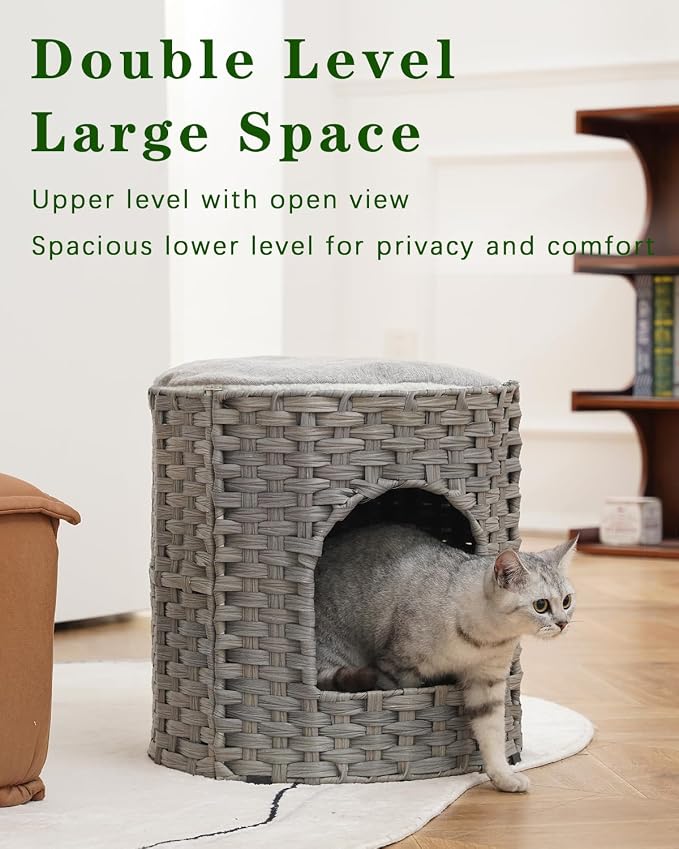 SETVSON Cat House for Indoor Cat, Large Double Cat Houses Cat Bed Cave, Handwoven Rattan Pet Beds with One Soft Pad, 17 x 17 x 17 Inches Foldable Kitten Hideaway in Living Room Gray