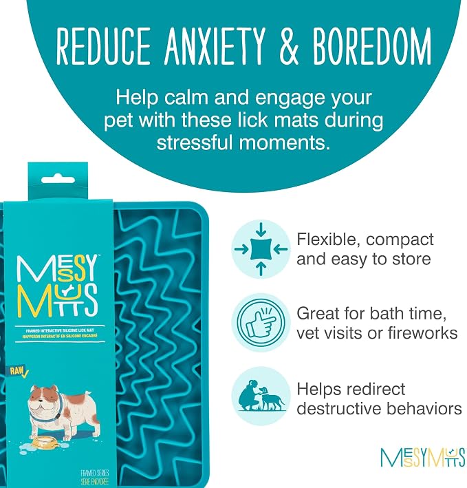 Messy Mutts Framed Silicone Therapeutic Licking Mat | 9.5" x 9.5" | Slow Feeder Mat for Boredom & Anxiety | Lick Pad for Dogs & Cats | Blue