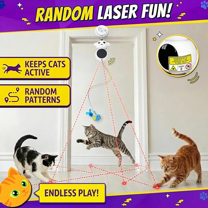 Interactive Cat Toys for Indoor Cats, 2-in-1 Laser Pointer Cat Toy with Automatic Flying Bird & Mouse Wand, Adjustable Speed USB Rechargeable Doorway Hanging Toy for Bored Kittens and Adult Cats