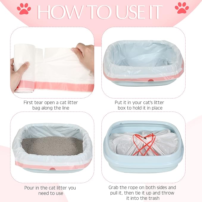 Sabary 80 Cat Litter Box Bags Jumbo Kitty Pan Liners with Drawstring Sturdy Hdpe Material for Cat Pet Waste Litter Box Tray, Pink (36 x 18 Inch)