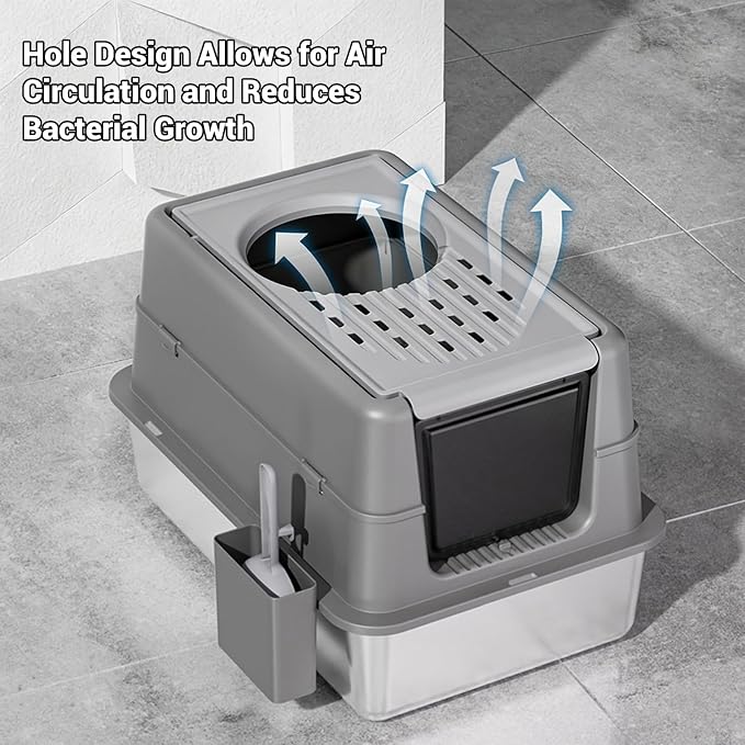 Stainless Steel Cat Litter Box with Dual Entry, Large 24”Enclosed Pan with Front Door & Top Entrance, 180° Flip-Top Lid for Easy Cleaning & Odor Control, for Large Cats & Multi-Cat Homes-Deep Black