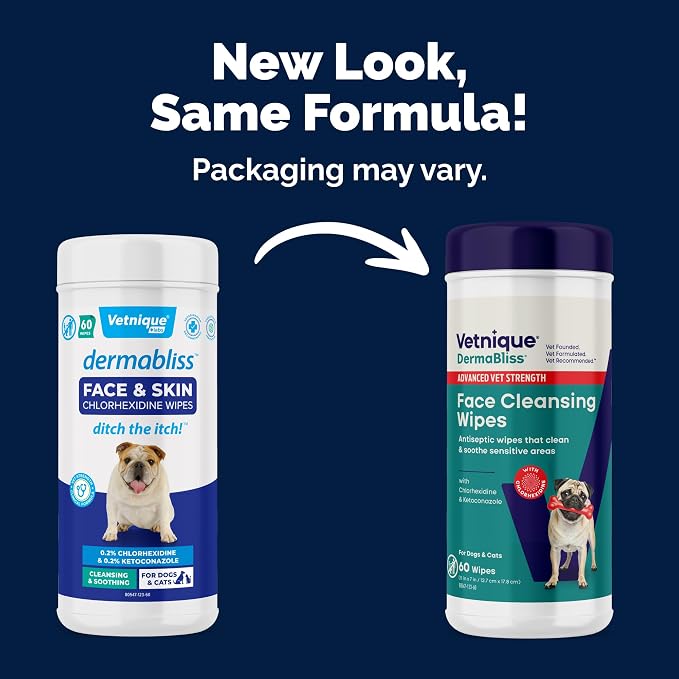 Vetnique Dermabliss Dog Wipes, Fragrance-Free Face Wrinkle & Skin Fold Care | Medicated Chlorhexidine & Ketoconazole Dog Grooming, Face & Paw Wipes for Bulldog Wrinkles & Folds; Gentle Daily, Cat-Safe