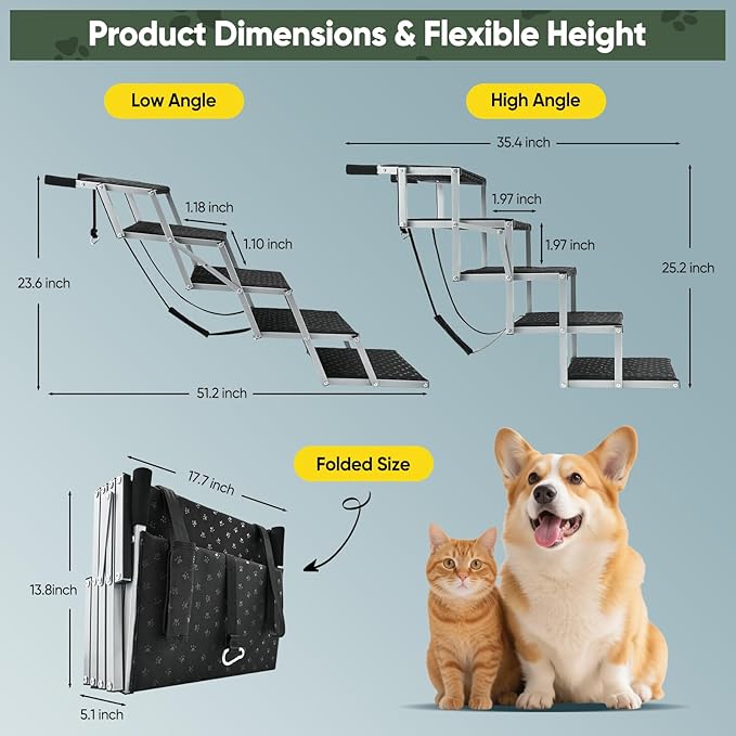 Sakerplus Dog Ramps for Car, 17.7inch Wide Foldable Dog Stairs with Non Slip Surface, Portable Pet Steps for SUV, High Beds, Truck, Support Up to 200lb, 5 Steps