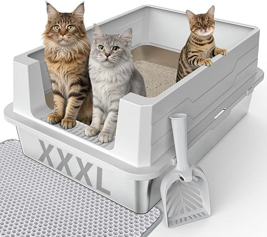 FURTIME Stainless Steel Cat Litter Box, Easy-Clean High-Sided Metal Litter Box, Open-Top Litter Pan for Large Cats, Great for Multi-Cat Homes,Includes Scoop&Mat, Non-Stick, Anti-Leakage, 28"×20"×12.2"