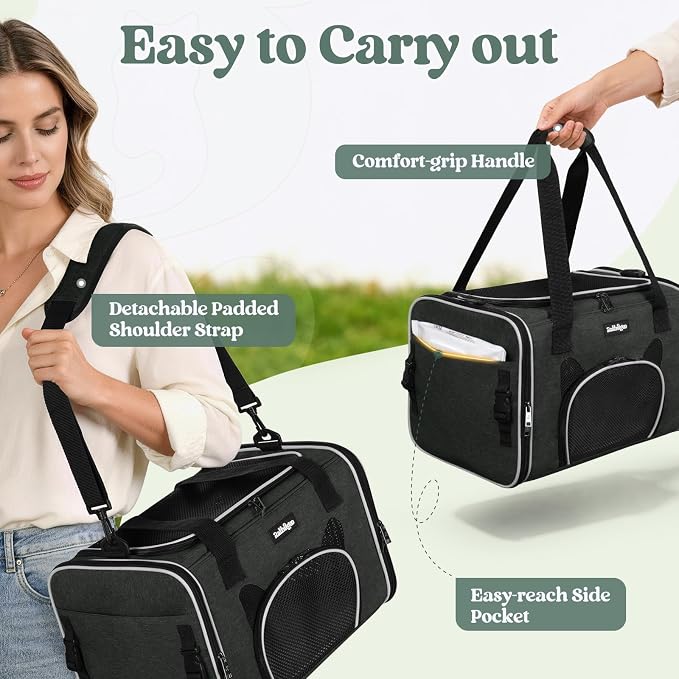 rabbitgoo Cat Carrier Soft Sided, Stable Portable Pet Carrier with Safety Buckles for Car Travel Vet Visit Airline, Comfortable Breathable Kitten Bag for Small Medium Large Cat, Black, 19x12x12 inch