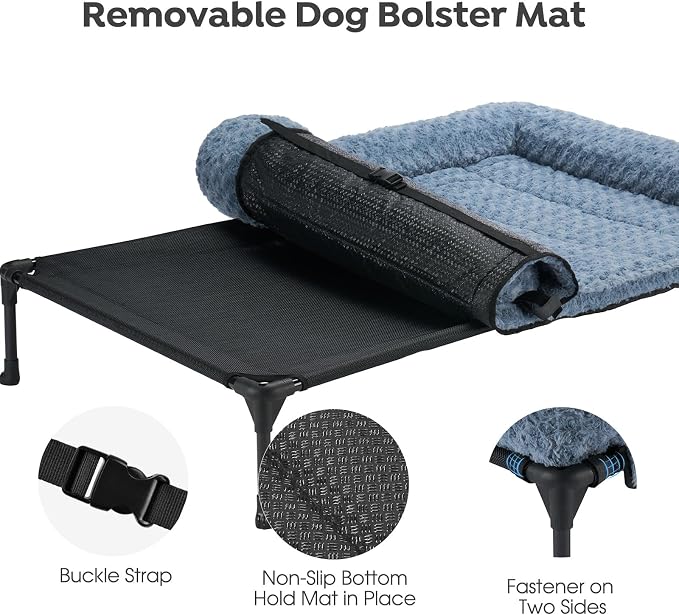 Veehoo Orthopedic Elevated Dog Bed Add Removable Deluxe Rose Plush Bolster Cushion Mat, 35" x 22" Washable Dog Couch Bed, Raised Pet Cot with Breathable Teslin Mesh, No-Slip Feet, Haze Blue, CWC2439B