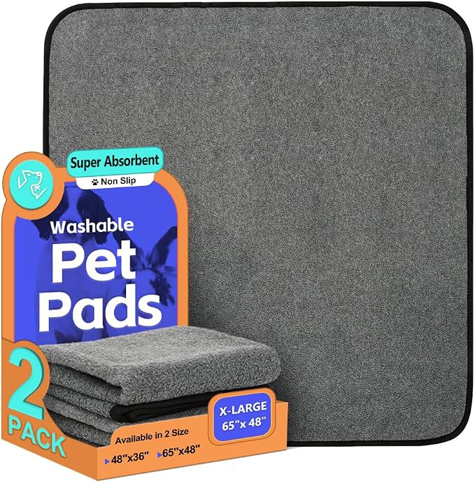 Washable Pee Pads for Dogs, Extra Large Reusable Dog Pee Pad, Waterproof Pet Mat, Dog Playpen Mats for Puppy Training Whelping Playpen Pads, Grey, 65x48 inch