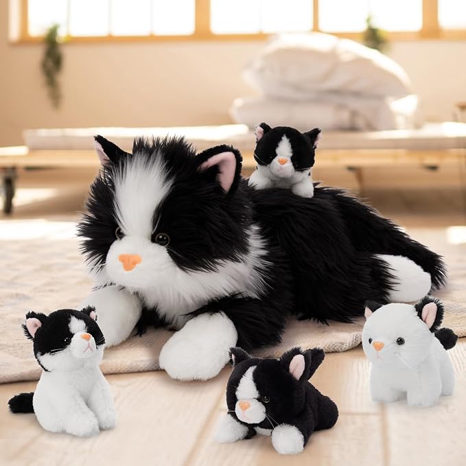 Tezituor 5Pcs Cat Stuffed Animals Set, 20 inch Large Realistic Stuffed Cat with 4 Cute Kittens Baby, Soft Black and White Ragdoll Plush Body Pillow for Boys Girls