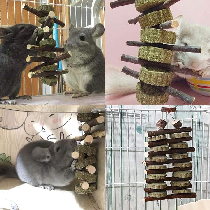 Hamiledyi Bunny Chew Toy for Teeth & Guinea Pig Natural Organic Fruitwood Sticks with Grass Cake & 6 Pcs Rabbit Cage Mats Plastic, 7.8 x 11.8 inches