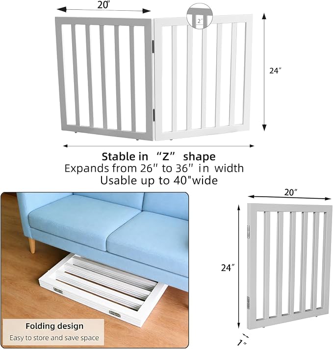 Dog Gate Indoor, Freestanding Dog Fence for The House, Doorways, Hallways,or Stairs,Pet Gate Foldable Wooden,Expandable 24" Height 2 Panels,White