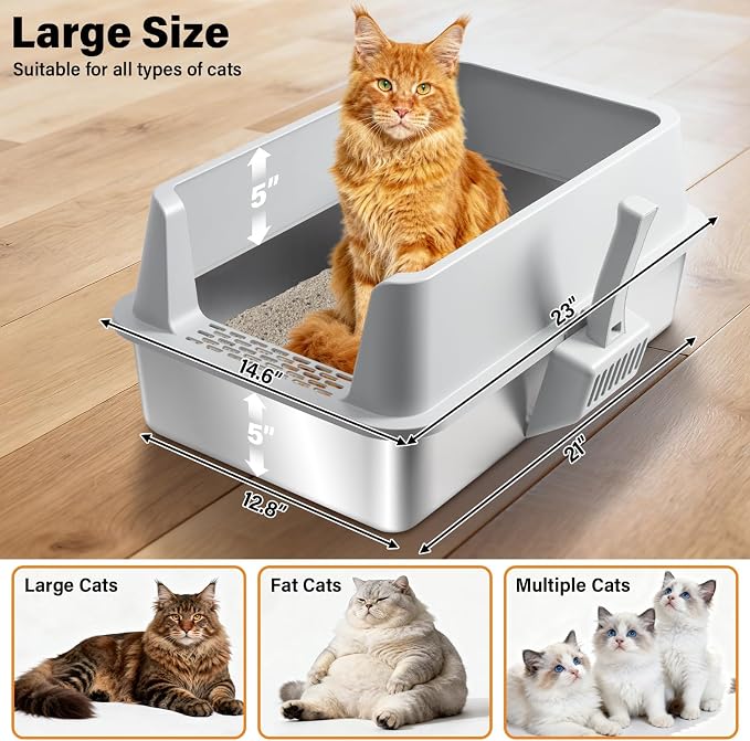 Stainless Steel Litter Box,XL Metal Cat Litter Box with High Sides Lid, Extra Large Litter Boxes for Big Cats,Odor-Resistant, Scratch-Proof, Easy to Clean, Non-Stick,Scoop Included