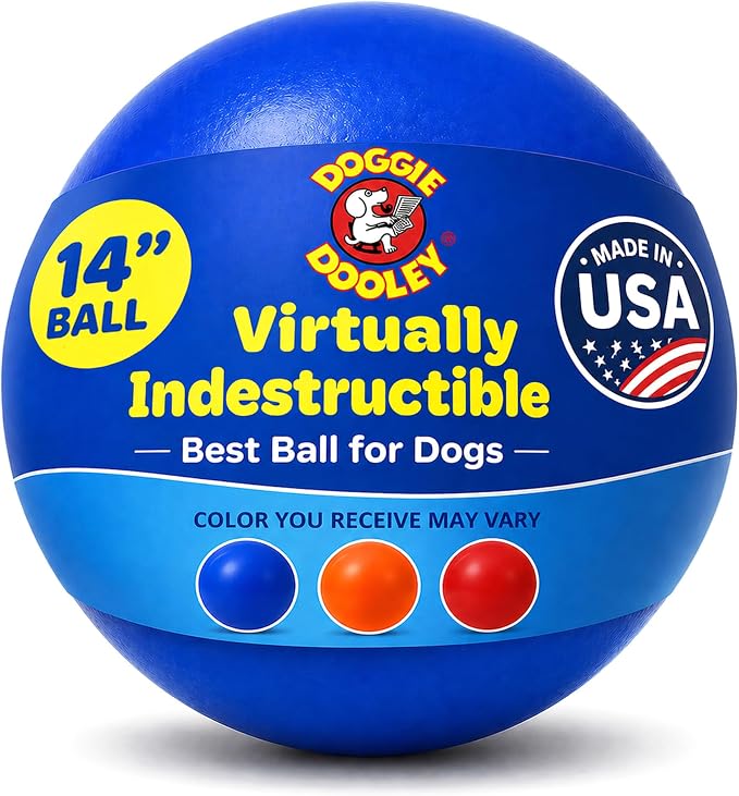 Doggie Dooley Virtually Indestructible Dog Ball - 14 Inch Hard Plastic Interactive Dog Toy for Large Breeds Over 75+ lbs - Built for Herding & Push Play - Floats in Water, Made in USA - Blue