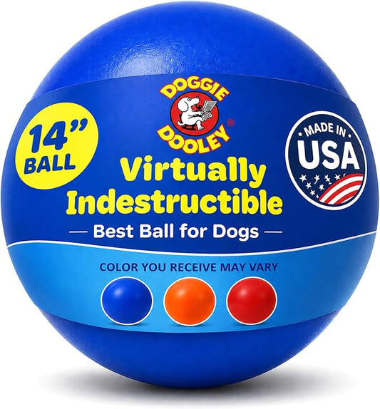 Doggie Dooley Virtually Indestructible Dog Ball - 14 Inch Hard Plastic Interactive Dog Toy for Large Breeds Over 75+ lbs - Built for Herding & Push Play - Floats in Water, Made in USA - Blue