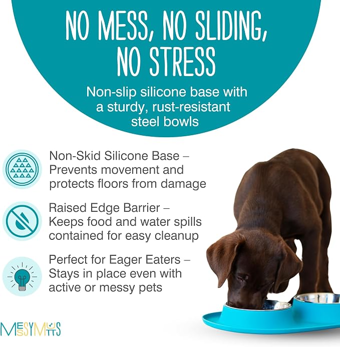 Messy Mutts Double Silicone Feeder with Stainless Bowls | Non-Skid Food Dishes for Dogs for All Pets | Dog Food Bowls | Medium, 1.5 Cups Per Bowl | Blue