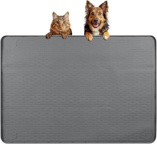 Dog Food Mat, Extra Large 34" x 22" Silicone Pet Feeding Mat with Raised Edge Pet Placemat for Small, Medium, and Large Pets Non-Slip, Easy to Clean (Dark Grey)