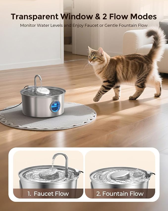 Invengo Cat Water Fountain Stainless Steel, 3.2L/108oz Pet Drinking Fountain for Cats Dogs Bundle