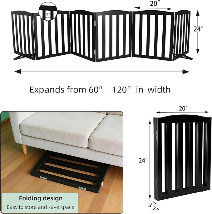 ZJSF Foldable Freestanding Indoor Dog Gate for House Wood White Long Pet Gates Dog Fence for Stairs Puppy Gates for Hallways, Puppy Gate,Support Feet Included, Black, 24 "Height-6 Panels