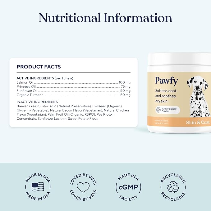 Pawfy Skin & Coat with Salmon Oil - Dog Allergy Relief Chews | Advanced Licking Paws Comfort | Dog Itching Skin Relief & Seasonal Allergies Support - Immune Support & Coat Defense | 30 Chews (Bacon)