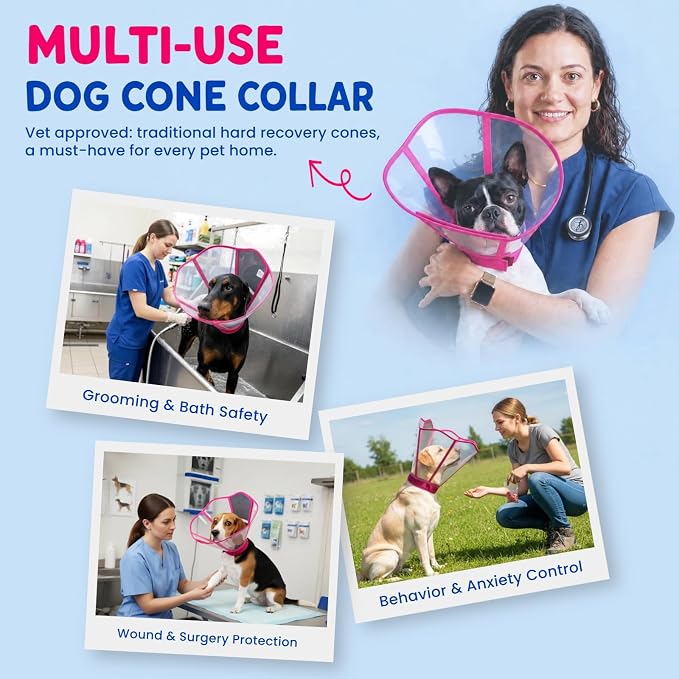 Soft Neck Pad - Hard Plastic Dog Surgery Recovery Cone Collar for Large Dogs, Clear Vision Cone for Dogs to Stop Licking, Comfy Dog Head Cones, Extra Long Elizabethan Collar for Labrador, Rosered, L
