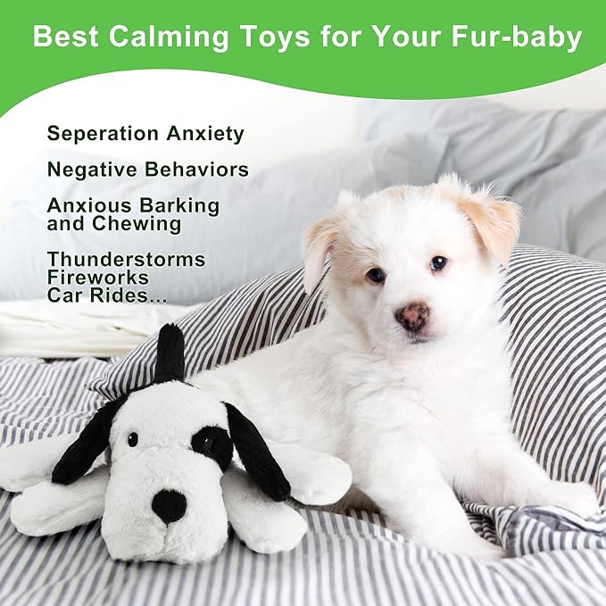 Moropaky Heartbeat Warm Heat Stuffed Animal for Dog Anxiety Relief, Calming, Behavioral Aid, Sleep Aid, Soothe, Cuddle Comfort Toy, Black & White