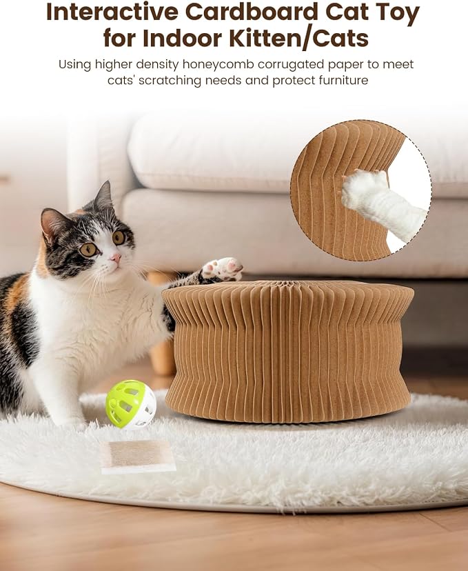 Upgraded-Magnetic Magic Organ Cardboard Cat Scratching Toy for Indoor Cats Flip with Fun, (Gray-1PCS & Orange-2PCS), 3PCS