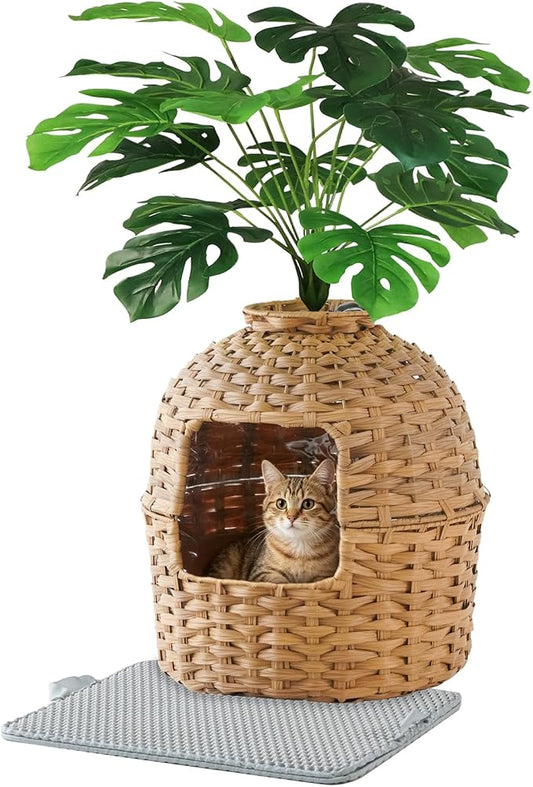 SETVSON Cat Litter Box Enclosure Plant Cat Litter Box Furniture with Artificial Plants, Large Hidden Handwoven Rattan with One Mat, Odor Control Filter, PVC Film, Real Stones, Stylish Decor, Natural