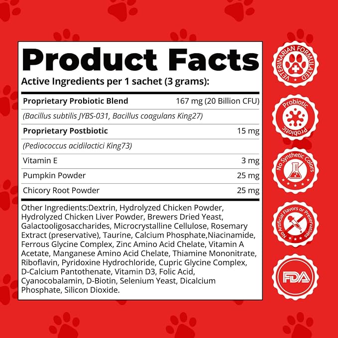 Probiotics for Dogs Digestive Health, 20 Billion CFU Dog Probiotic with Digestive Enzymes & Pumpkin Powder, Soft Powder, 30 Sachets