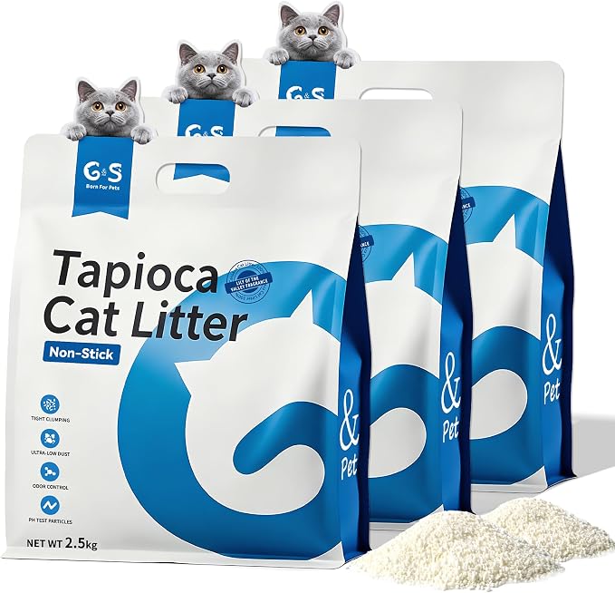 G&S Upgrade Tapioca Cat Litter – Rapid Clumping, 99.9% Dust-Free, Flushable, pH Health Test Indicator, Automatic Litter Box Friendly, Non-Stick, Unscented, 5.5lb × 3 Bags