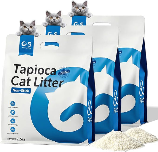 G&S Upgrade Tapioca Cat Litter – Rapid Clumping, 99.9% Dust-Free, Flushable, pH Health Test Indicator, Automatic Litter Box Friendly, Non-Stick, Unscented, 5.5lb × 3 Bags