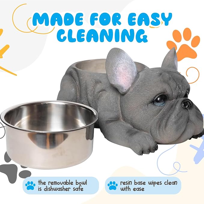 Forest & Twelfth Grey French Bulldog Resin Dog Food Bowl - Elevated Dog Bowl w/Stainless Steel Metal Bowl, Weather Resistant Pet Bowl Dog Dish, No Spill Dog Bowl for Indoor/Outdoor | 3 Cup Capacity