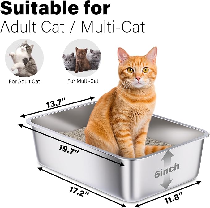 Stainless Steel Cat Litter Box, 20"x14"x6"(Height) Large Metal Litter Box, Easy to Clean, Non Stick No Smell Litterbox for Cats/Kitty