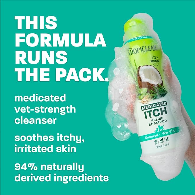 TropiClean Oatmeal Dog Shampoo for Itchy Skin Relief, Soothing Medicated Itch Relief, with Vitamin E, Puppy Safe, Made in USA, Cat Friendly, 20 oz.