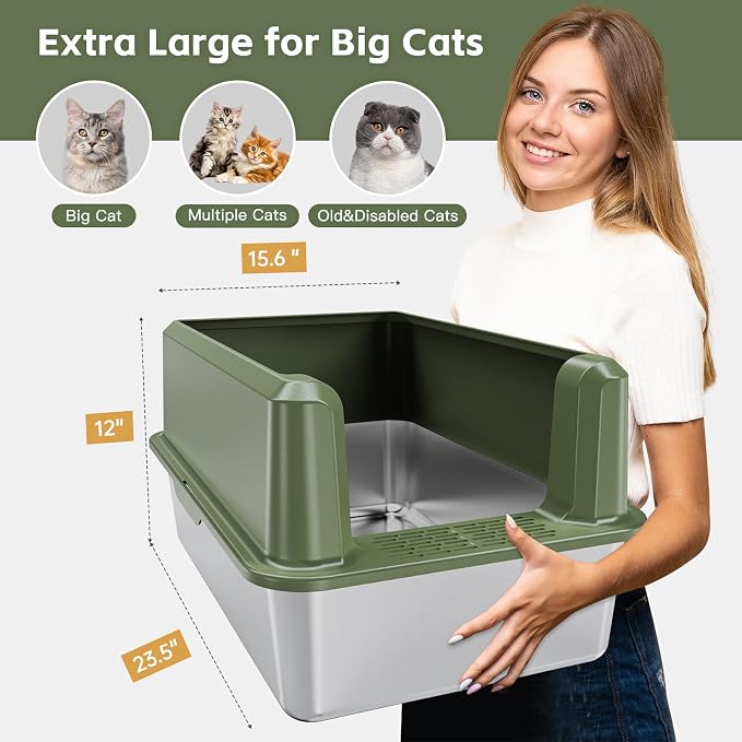 Suitfeel Enclosed Stainless Steel Cat Litter Box with High Side, XL Large for Big Cats, Easy Clean Metal with Scoop