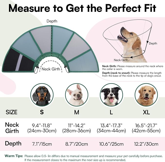 Queenmore Dog Cones for Large Dogs, Cone for Dogs to Stop Licking After Surgery, Adjustable Waterproof Dog Cone Collar Alternative, Comfortable Pet Recovery E-Collar (Dark Green,L)
