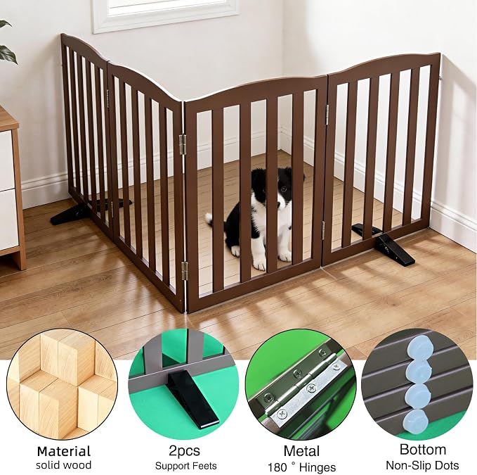 ZJSF Foldable Freestanding Indoor Dog Gate for House Wood Long Pet Gates Dog Fence for Stairs Puppy Gates for Hallways, Puppy Gate,Support Feet Included, Brown, 32 "Height-4 Panels
