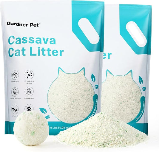 Gardner Pet Cassava Cat Litter, Tapioca Cat Litter, Odor Control | Low Dust | Natural Clumping Litter | Fast Absorption & Low Tracking Kitty Litter, Unscented with Deodorizing Pellets (9LBS*2)