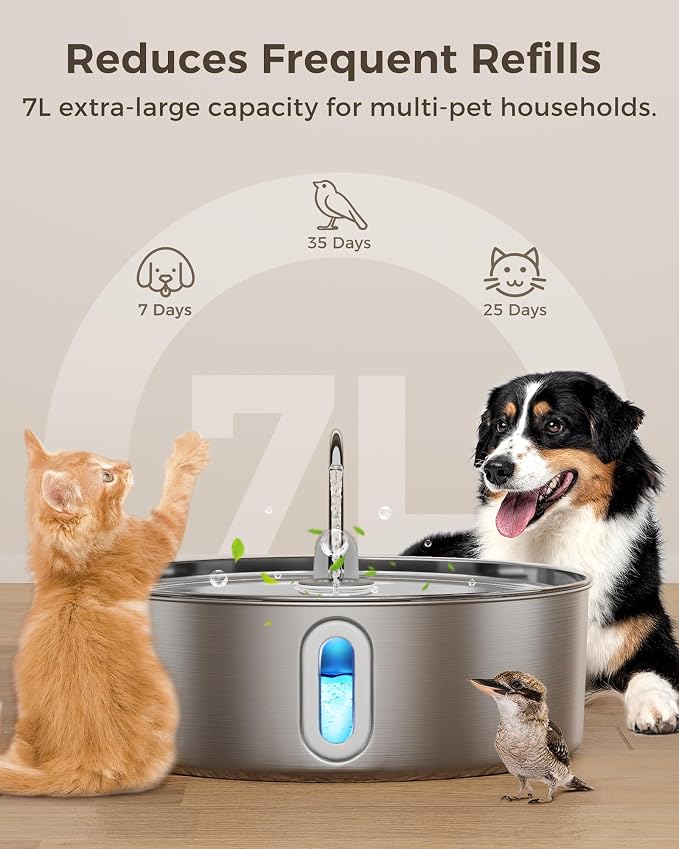 Smartoo 7L/236oz Stainless Steel Dog Water Fountain for Large Dogs – 25dB Ultra-Quiet Automatic Pet Water Dispenser with Deeper Bowl, 4-Stage Filtration – Ideal for Big Breeds, Multi-Pet Households