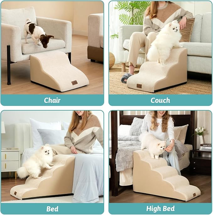 COZY KISS Dog Stairs for Small Dogs 11.8" H, Curved Dog Step for Puppy, Older Cat, Medium Pet Ramp for Sofa, Couch or Chair, Ladder with High Density Foam, 2 Step, Beige