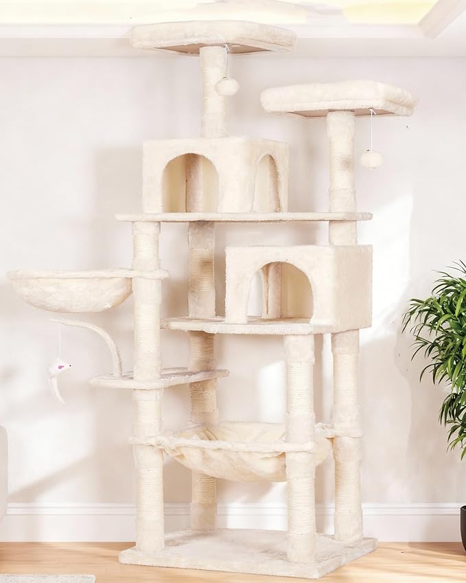 Heybly Cat Tree, 70 inches Tall Cat Tower condo with Toy for Indoor Large Cats, Cat House Furniture with Padded Plush Perch, Cozy Hammock and Sisal Scratching Posts,Beige HCT032M