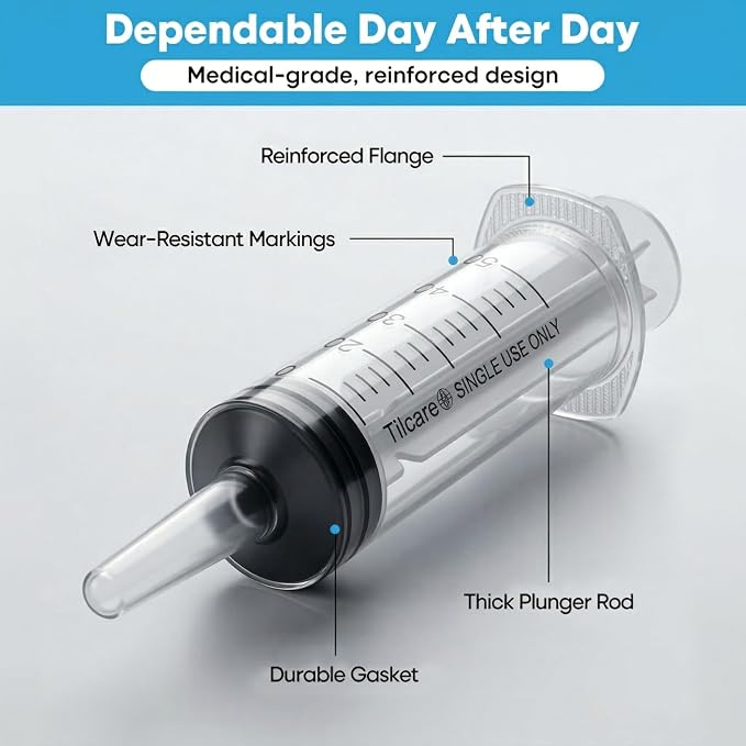 60ml Catheter Tip Syringe with Covers 25 Pack by Tilcare - Sterile Plastic Medicine Food Droppers for Children, Pets or Adults – Latex-Free Oral Medication Dispenser - Large Feeding Tube Syringes