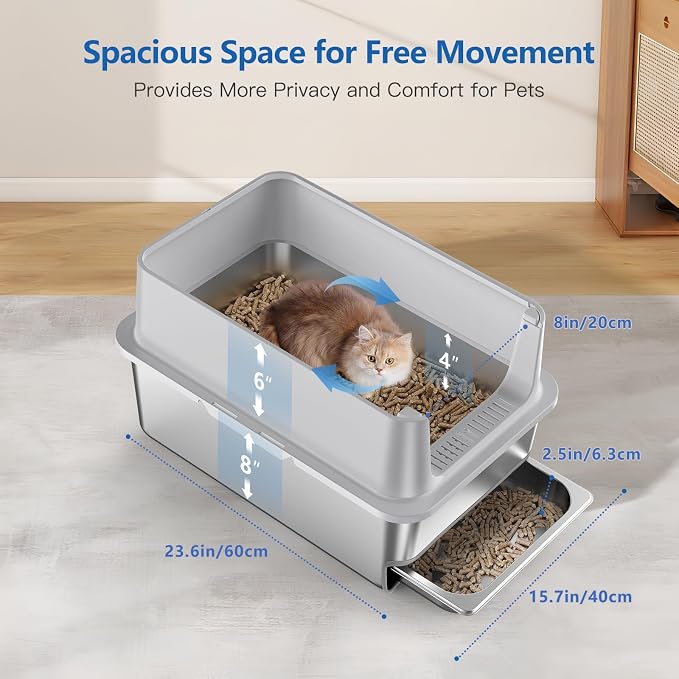 23.6x16x14'' Sifting Litter Box with Drawers, Stainless Steel Drawer Litter Box with 6'' Lid & Metal Scoop, XL Cat Litter Tray, Odor-Control & Saves Clean Time, Fits Most Cats