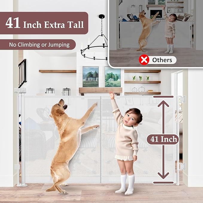 Reinforced 41 Inch Extra Tall Pet Gate 55 Inch Wide Retractable Baby Gates with Support Rods – Prevents Crawling Under, Outdoor Tall Baby Gates for Dogs Indoor Dog Gates for Doorways, White