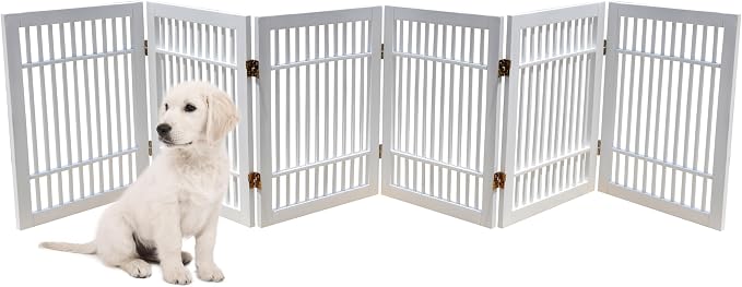 Urnporium Pet Dog Gate Freestanding, Strong Durable Folding Wooden Fence, Portable Acacia Hardwood Safety Barrier for Indoor & Outdoor Use (White Pet Gate, 6 Panel 24" Tall)