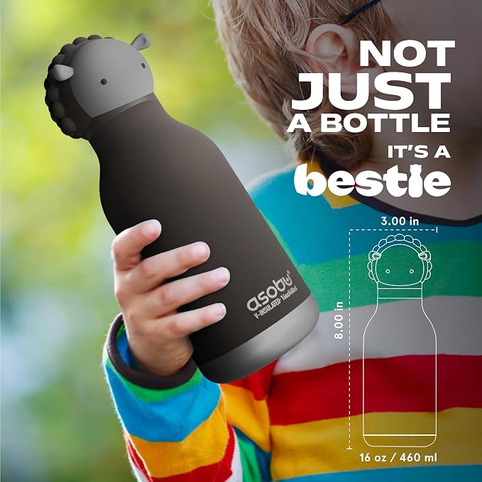 asobu Bestie Bottle Insulated Stainless Steel Water Bottle with Detachable Soft Animal Head Fun Drinking For Kids and Teens16 Ounce (Black Sheep)